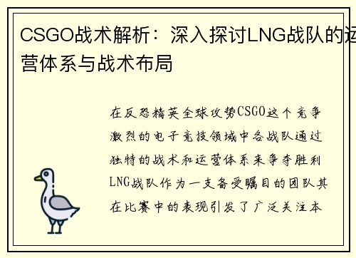 CSGO战术解析：深入探讨LNG战队的运营体系与战术布局