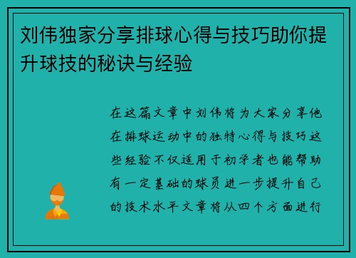 刘伟独家分享排球心得与技巧助你提升球技的秘诀与经验